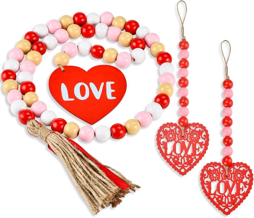 3 Pieces Valentine's Day Wood Bead Garland with Tassels, Hanging Wooden Love Heart Ornaments Farm... | Amazon (US)
