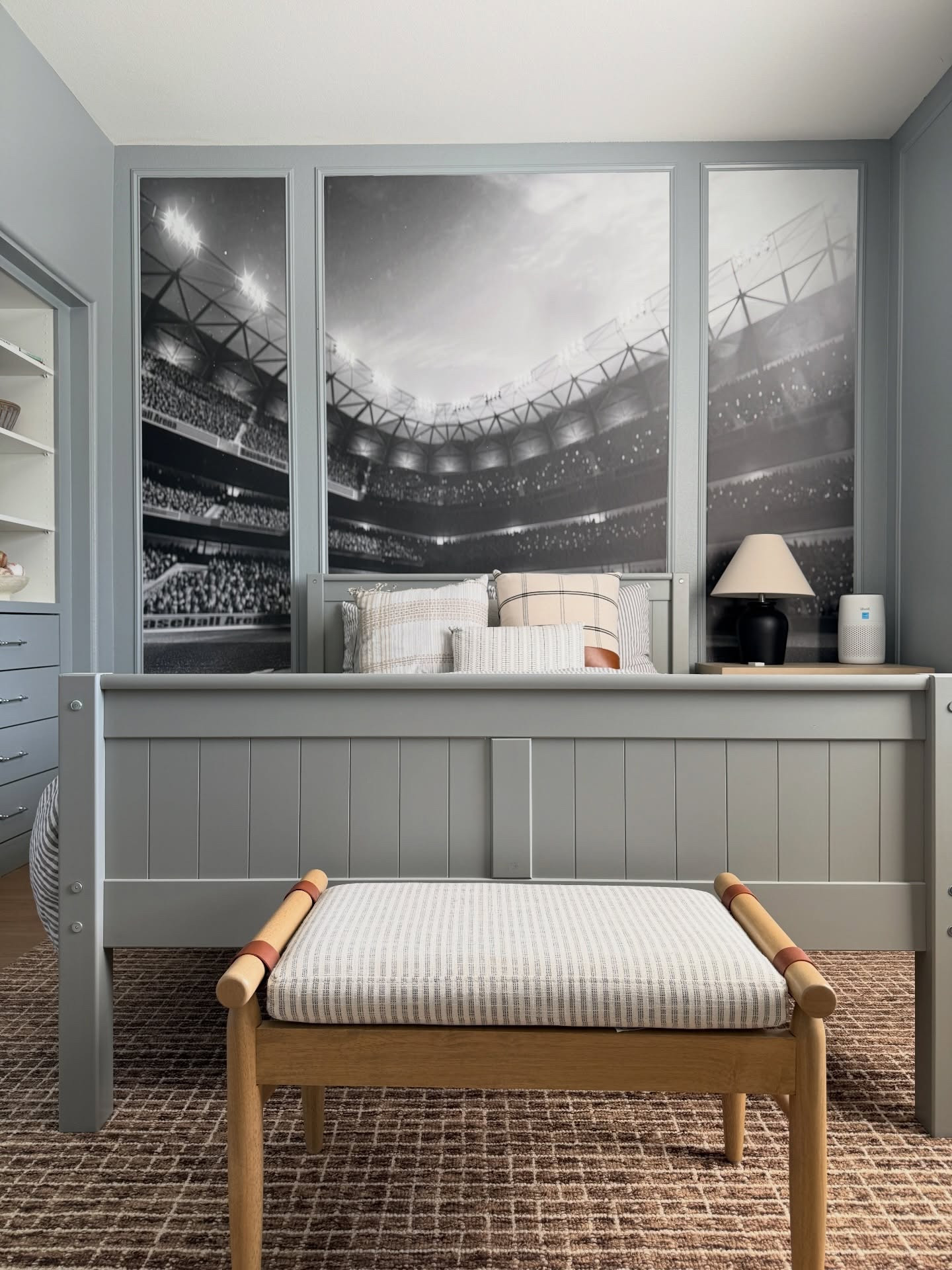 Teen baseball bedroom REVEAL! This bedroom was such a special space to create for my son. We reused most of his furniture (bed, beanbag chair, bench) and added the rug, nightstand and lamp. My favorite part of this room is that all of the decor is personal and sentimental memorabilia from his baseball journey. He absolutely loves his space! 

Comment SHOP below to receive a DM with the link to this post on my LTK ⬇ https://liketk.it/5IpON #ltkhome #ltkkids #baseballdecor
#teenbedroom #kidsbedroom