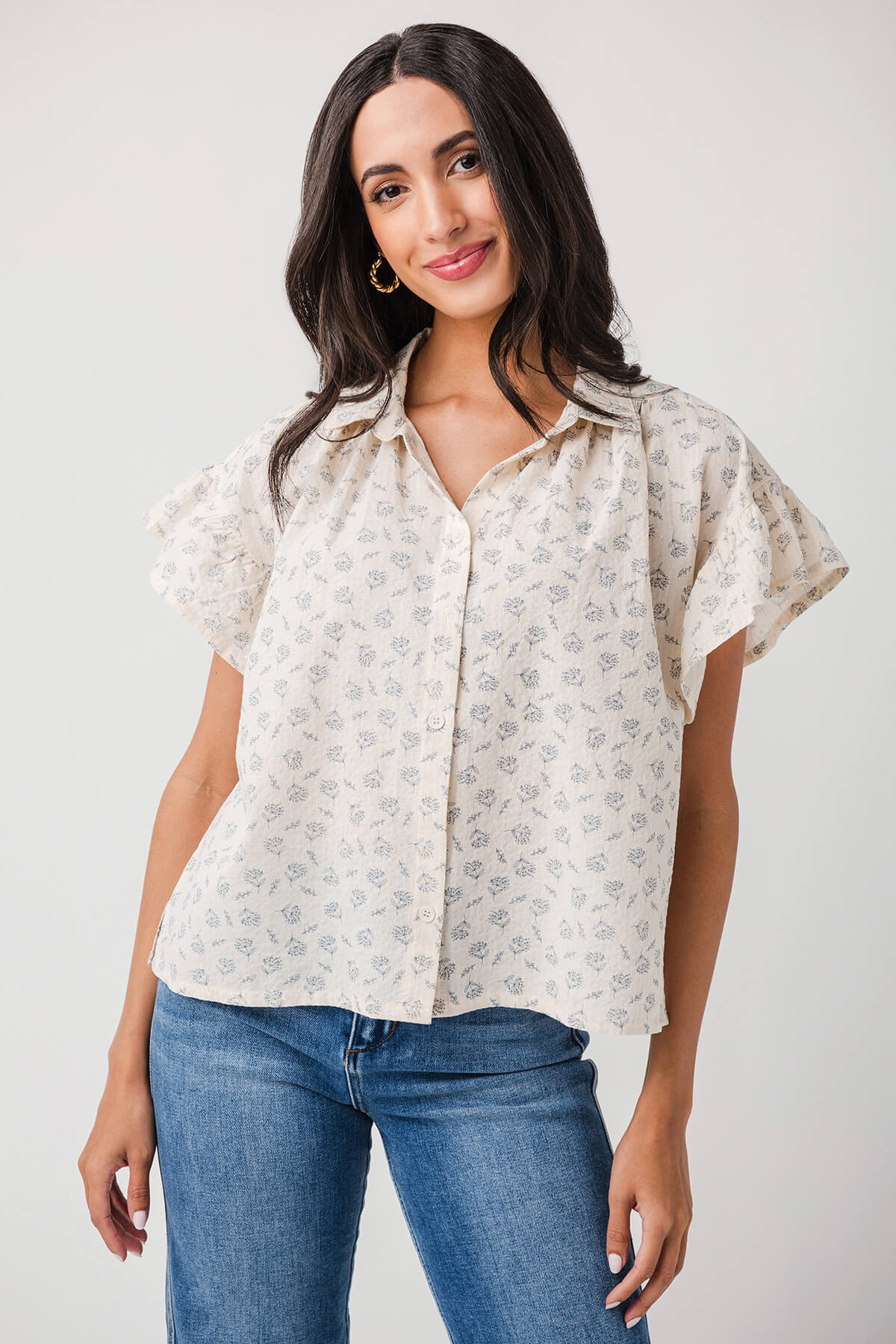 Wishlist Floral Ruffle Sleeve Button-Up Shirt | Social Threads
