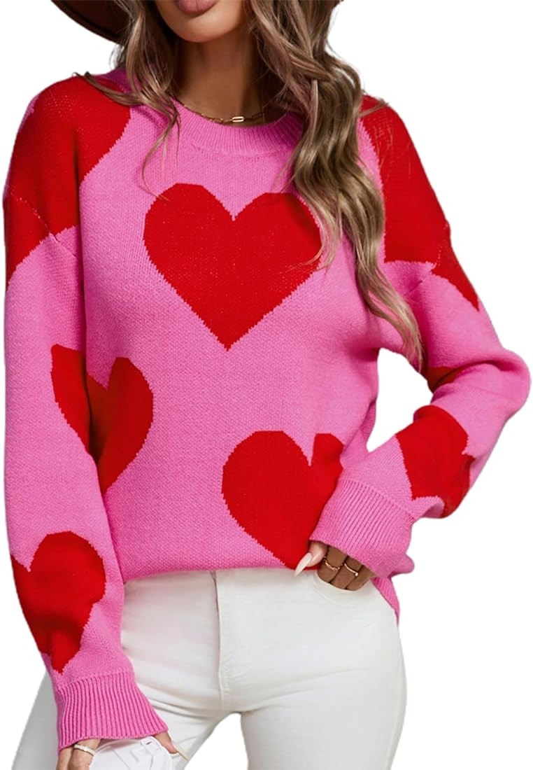 Women Valentine's Day Sweater Heart Print Oversized Knitted Romantic Sweatshirt Casual Long Sleev... | Amazon (US)