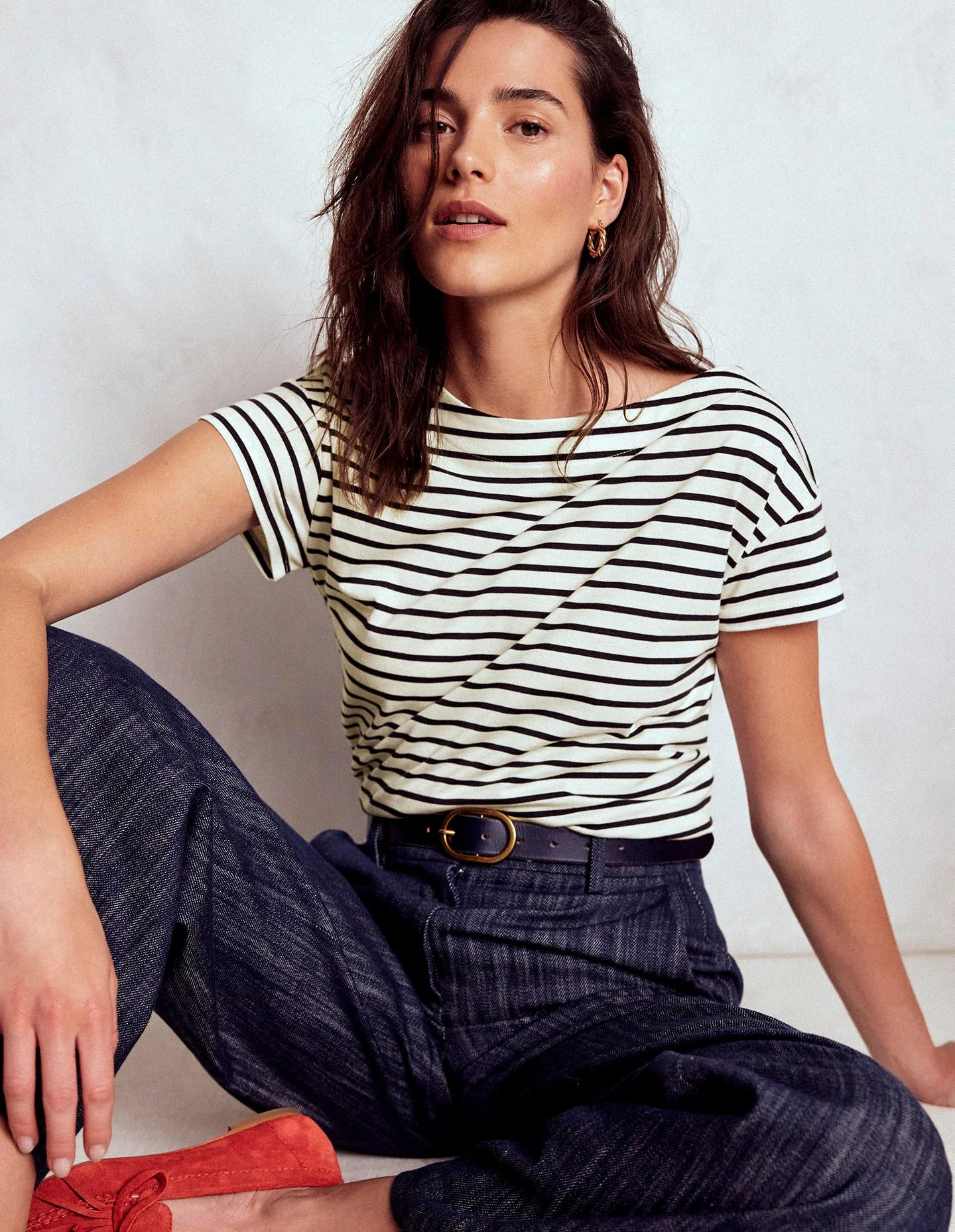 Supersoft Boat Neck T-Shirt-Ivory, Navy Stripe | Boden (US)