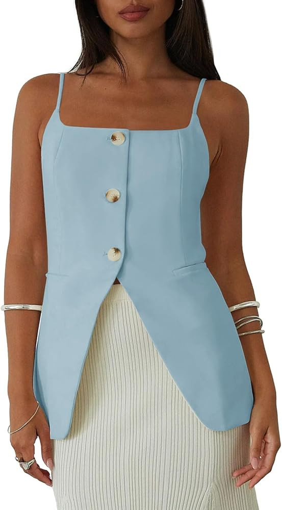 Yousify Womens Spaghetti Strap Tank Top Summer Blazer Vest Button Down Business Cami Square Neck ... | Amazon (US)