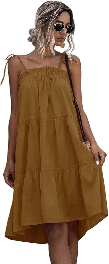 Romwe Women's Sleeveless Spaghetti Strap Tiered Layer Frill Knot Loose Summer Cami Dress | Amazon (US)