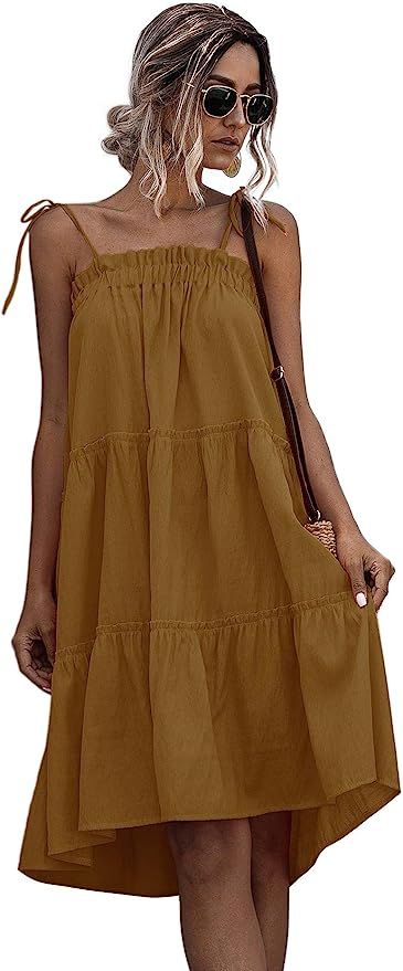 Romwe Women's Sleeveless Spaghetti Strap Tiered Layer Frill Knot Loose Summer Cami Dress | Amazon (US)