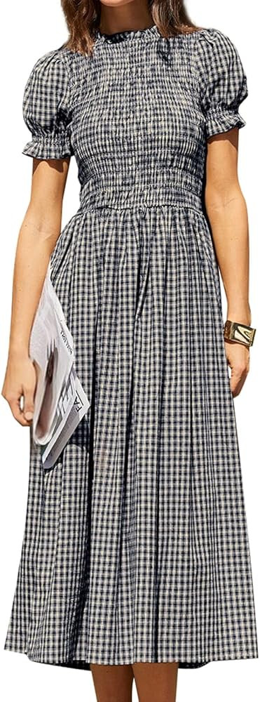 RIHOAS Women Shirred A-Line Midi Dress Summer Dresses Puff Short Sleeve Smocked Flowy Ruffle Boho... | Amazon (US)