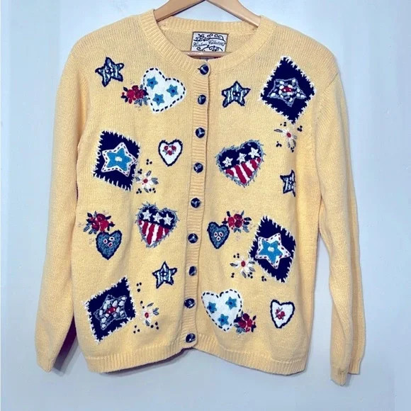 Heirloom Collectibles Americana Cardigan Knit Sweater Red White Blue Med Vintage | Poshmark