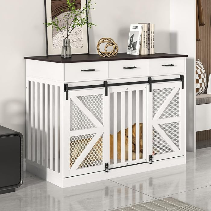 Saudism 2-in-1 Farmhouse Dog Crate Furniture - Wooden Large Dog Kennel with Drawers Storage - Dou... | Amazon (US)