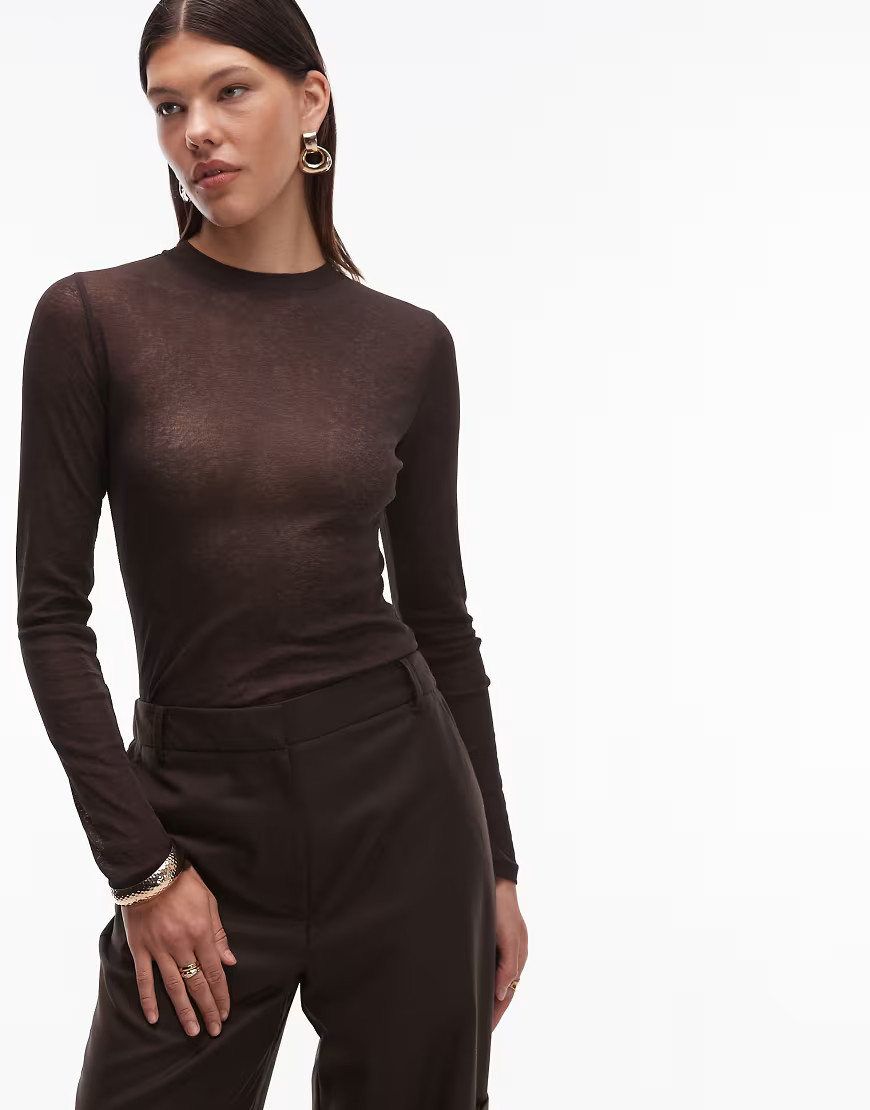 ASOS DESIGN sheer second skin gauzy mesh long sleeve top in chocolate brown | ASOS (Global)
