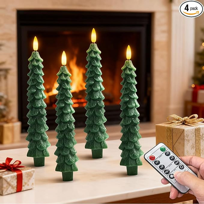 4PCS Christmas Tree Candles, 9.7 Inch Flameless Taper Candles with Remote and Timer, LED Battery ... | Amazon (US)
