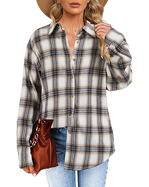 Womens Long Sleeve Plaid Shirts Flannel Collared Button Down Shackets Casual Rolled Up Boyfriend ... | Amazon (US)