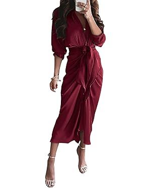 BTFBM Women Long Sleeve Satin Dress 2024 Spring Summer Lapel V Neck Button Down Belted Elegant Ru... | Amazon (US)