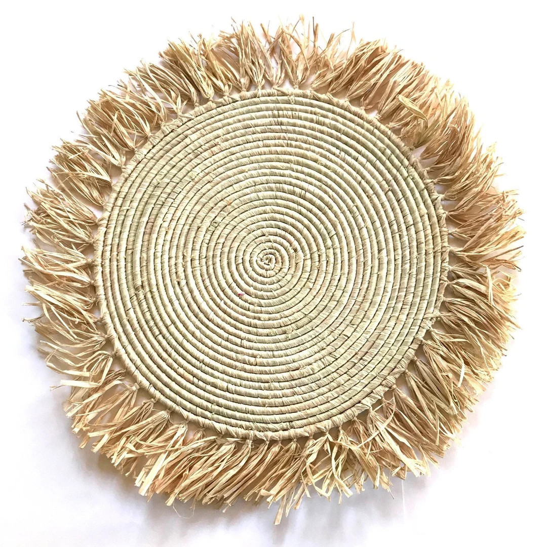 23" - 24" Handmade Fringed Basket Wall Hanging Raffia Sweet Grass Straw 100% Authentic Made by Wo... | Etsy (US)