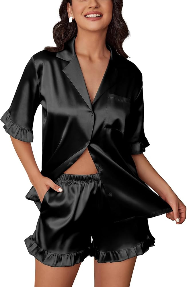 Ekouaer Women's Silk Satin Pajamas Sets Button Down Ruffled Pj Set Sleepwear S-XXL | Amazon (US)