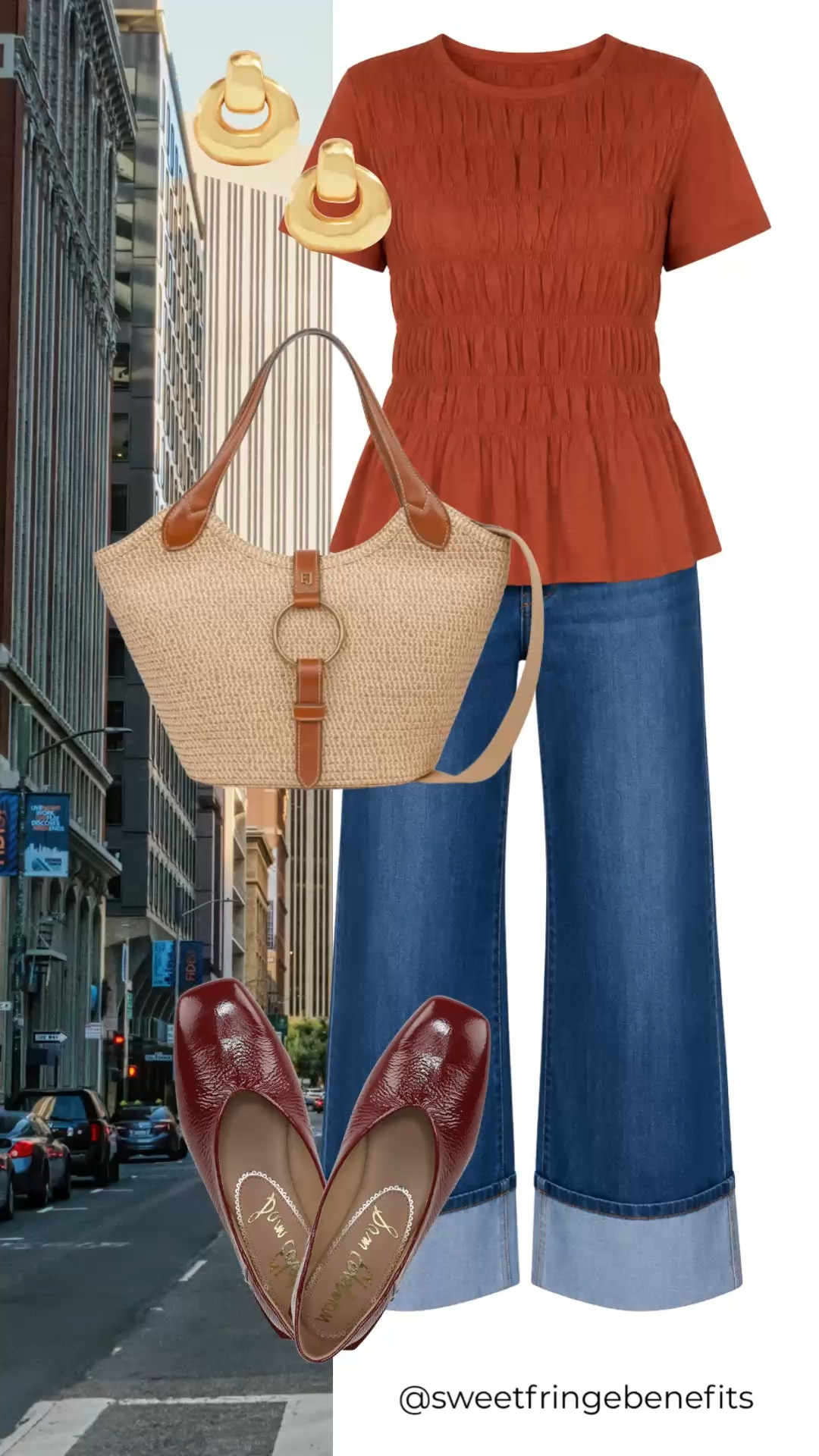 This rust smocked peplum top is such an easy way to add color to your everyday wardrobe. Paired with wide-leg cuffed jeans, a woven tote, and burgundy flats, it’s polished enough for the city but comfortable for all-day wear.

💡 LTK MADE EASY
❤️ Heart = Support my posts!
🔖 Save = Get sale & restock alerts
📋 Lists = Keep favorites organized
📲 Share = Send lists and products to a friend. Hello, Christmas List!
💬 Comment = Ask me anything about what I'm wearing.:-)

#LTKootd #LTKdayinmylife #LTKOver40