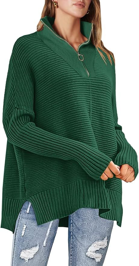 ANRABESS Womens 1/4 Zipper Long Sleeve V Neck Collar Casual Oversized Ribbed Knit Pullover Tunic ... | Amazon (US)