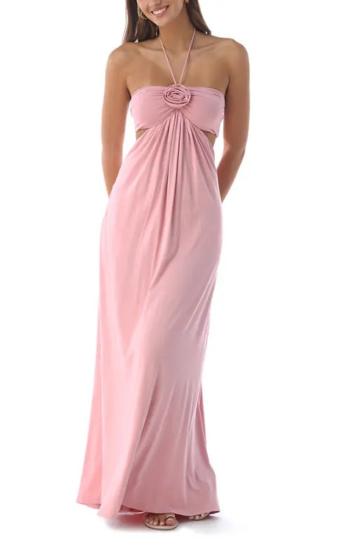 Sky Rosette Halter Maxi Dress in Pink at Nordstrom, Size Medium | Nordstrom