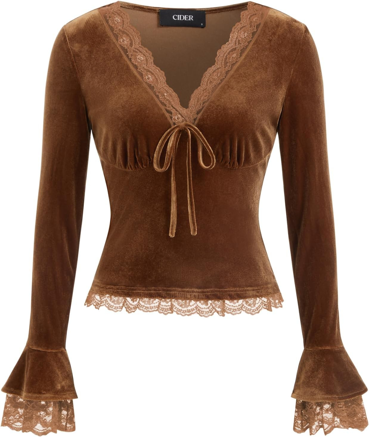CIDER Velvet Tops for Women Cropped Long Sleeve Lace Trim Going Out T Shirt | Amazon (US)