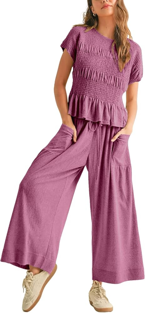 Womens 2 Piece Smocked Top Wide-Leg Pants Set High-Waisted Lounge Outfit with Pockets Casual Boho... | Amazon (US)