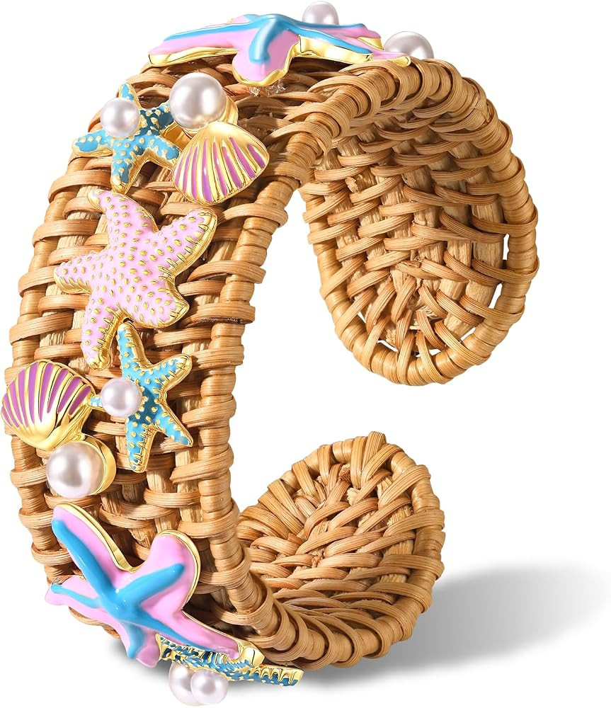 NLCAC Rattan Cuff Bracelet Seashell Western Cowgirl Boot Rattan Bangle Straw Wicker Braid Open Cu... | Amazon (US)