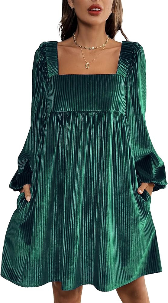 SEMATOMALA Women's Square Neck Velvet Long Sleeve Ruffle Short Dress A Line Tie Back Babydoll Dre... | Amazon (US)