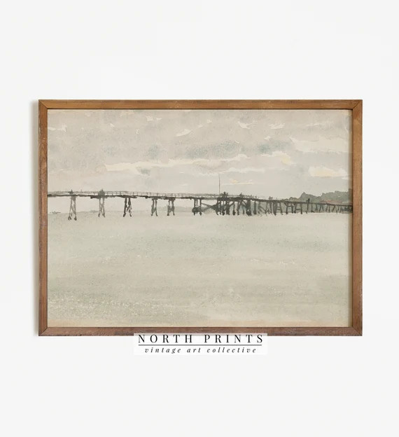 Vintage Pier Beach Painting  Muted Ocean Watercolor Print | Etsy | Etsy (US)