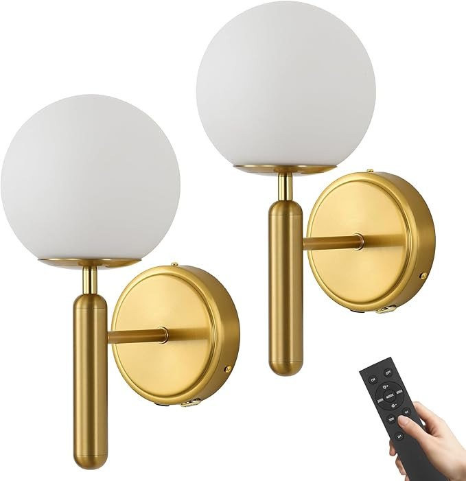 Battery Operated Wall Sconce Set of 2, Gold Rechargeable Wireless Wall Lamp with Milky White Fros... | Amazon (US)