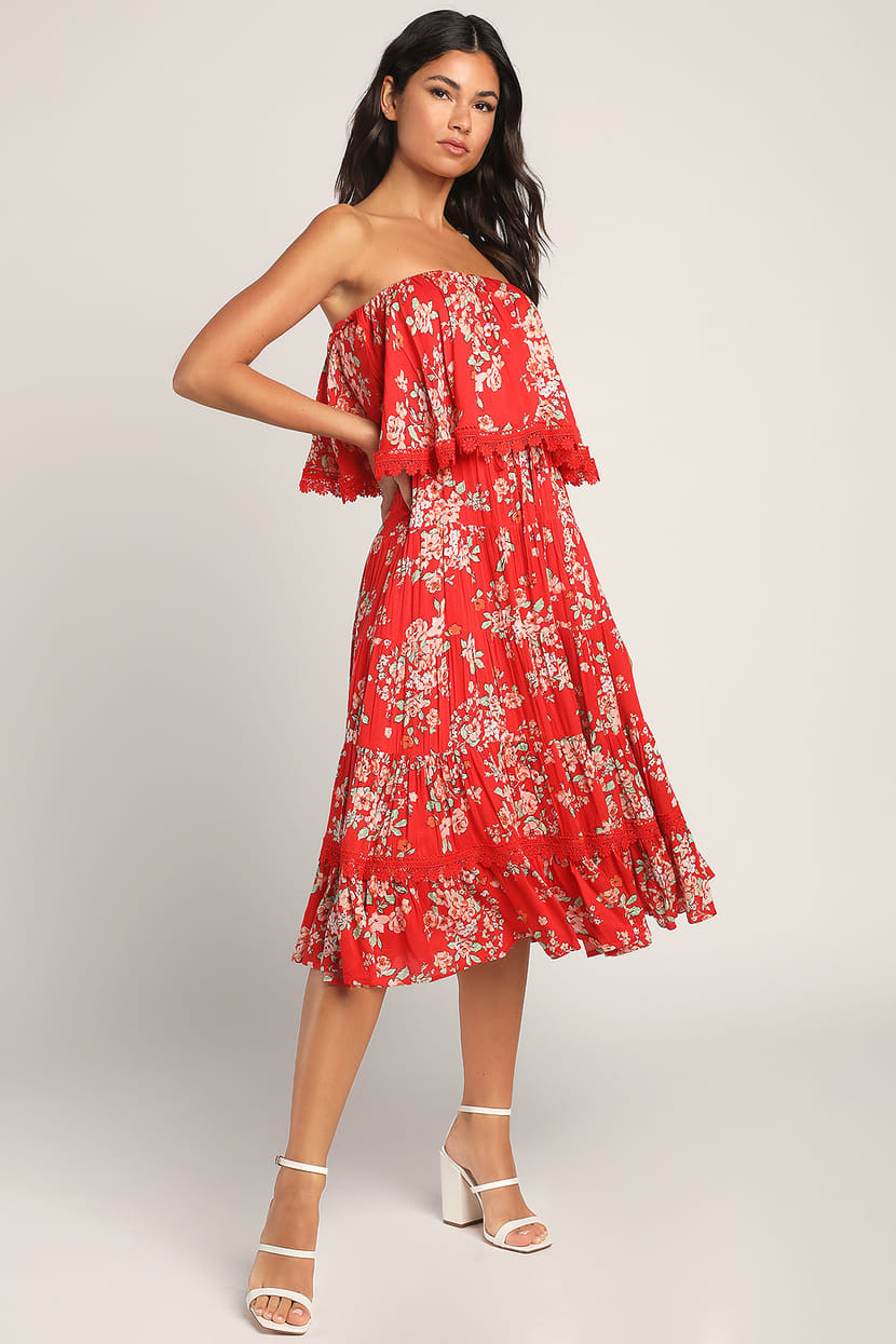 Beachy Bliss Red Floral Strapless Midi Dress | Lulus (US)
