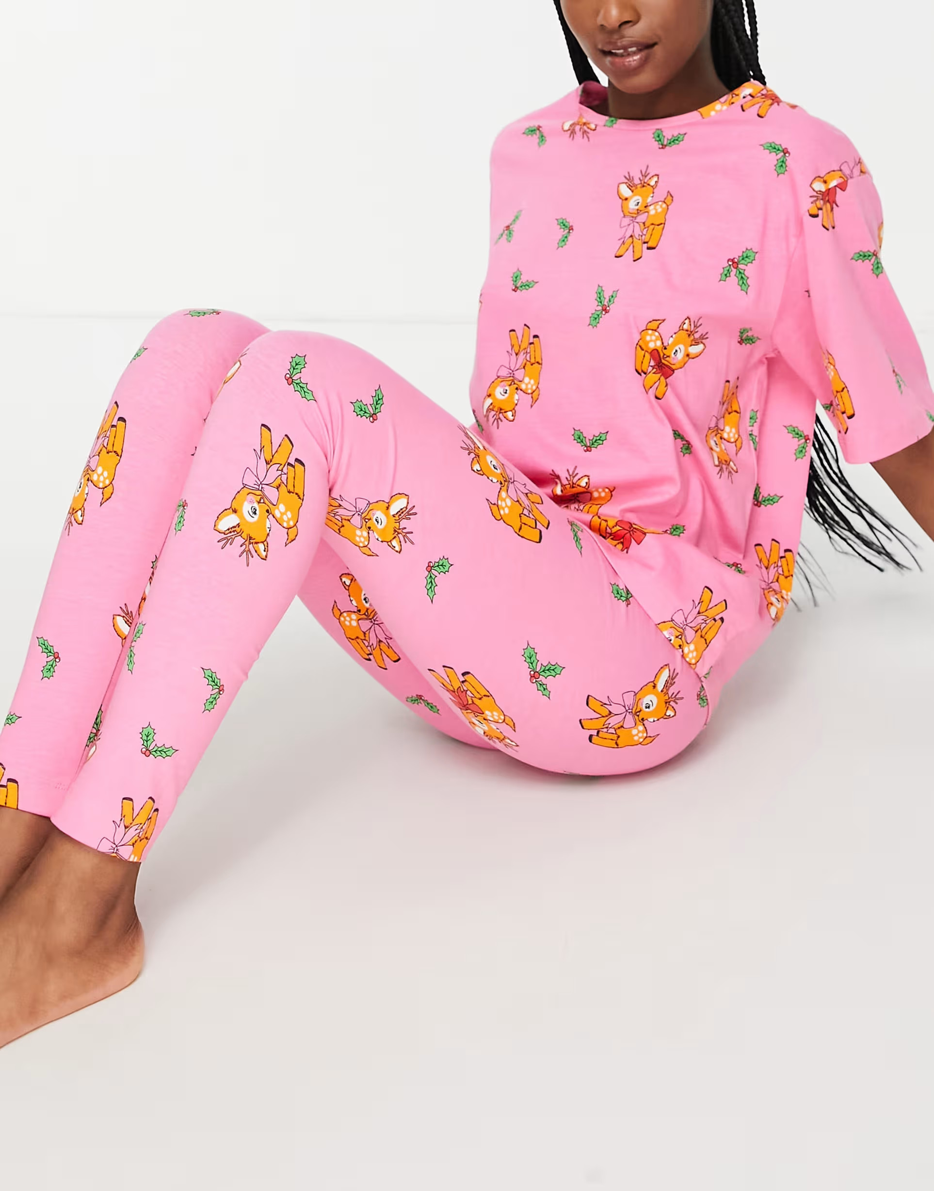 ASOS DESIGN Christmas reindeer oversized tee & legging pajama set in pink | ASOS (Global)
