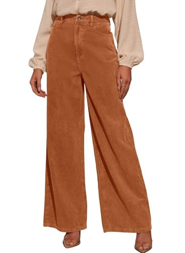 Sidefeel Women's Corduroy Pants Casual High Waisted Wide Leg Elastic Waist Loose Trousers with Pockets Gold Flame Large | Amazon (US)