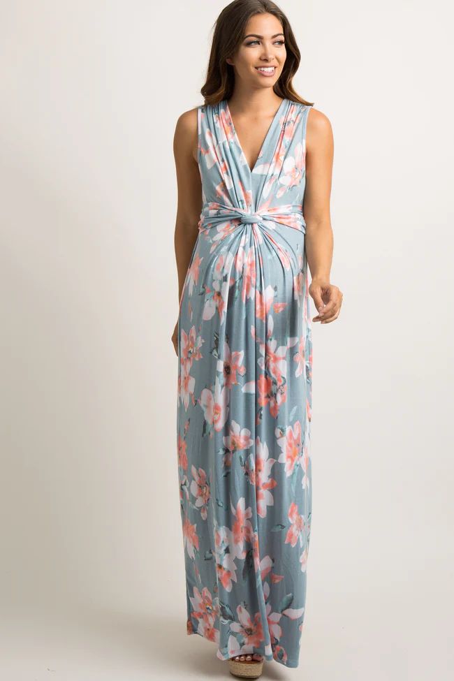 Light Blue Floral Sleeveless Knot Front Maternity Maxi Dress | PinkBlush Maternity