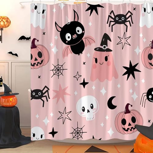 Happy Halloween Shower Curtain Pink Cute Ghost Spooky Cartoon Halloween Holiday Party Horror Night Creative Bathroom Decor Fabric with Hook | Amazon (US)