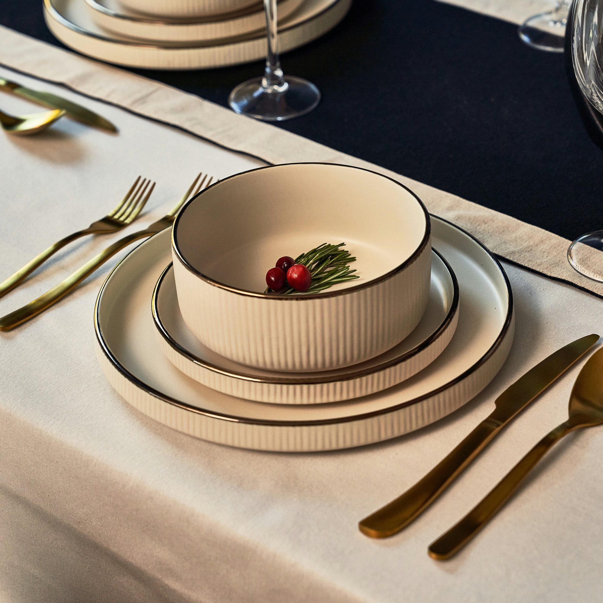 Thyme & Table 12-Piece Cream Ribbed Stoneware Dinnerware Set, Service for 4, Aden Collection | Walmart (US)