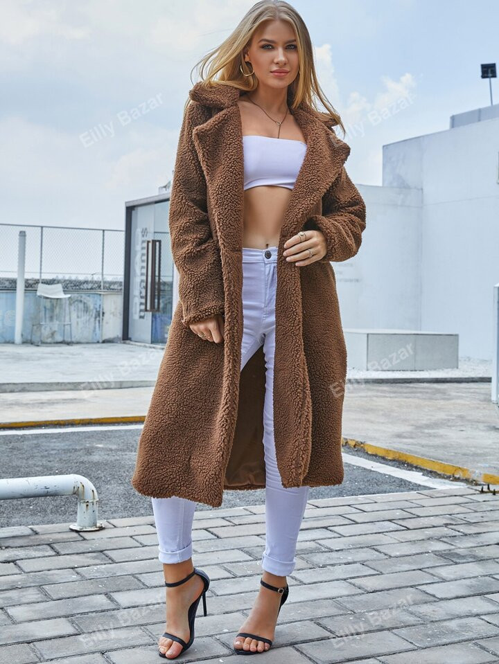 Eilly Bazar Double Button Teddy Midi Coat | SHEIN