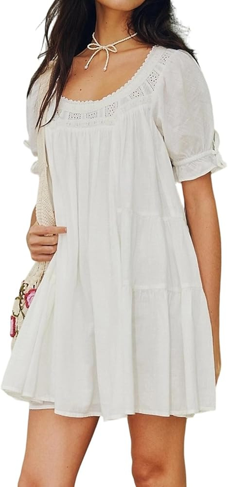 Foidiccx Womens Loose Cotton Ruffle Eyelet Babydoll Puff Sleeve Mini Dress Y2k Boho Summer Going ... | Amazon (US)
