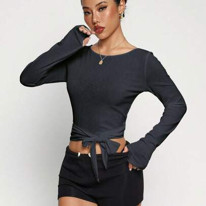 Sporty White Backless Long Sleeve Cropped Top, Perfect For Fitness And Daily Wear, Super Eye-Catching | SHEIN