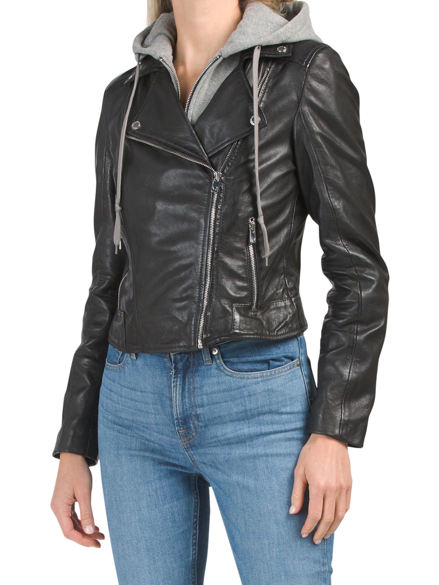 Leather Moto Jacket With Removable Hood | Midweight Jackets | Marshalls | Marshalls