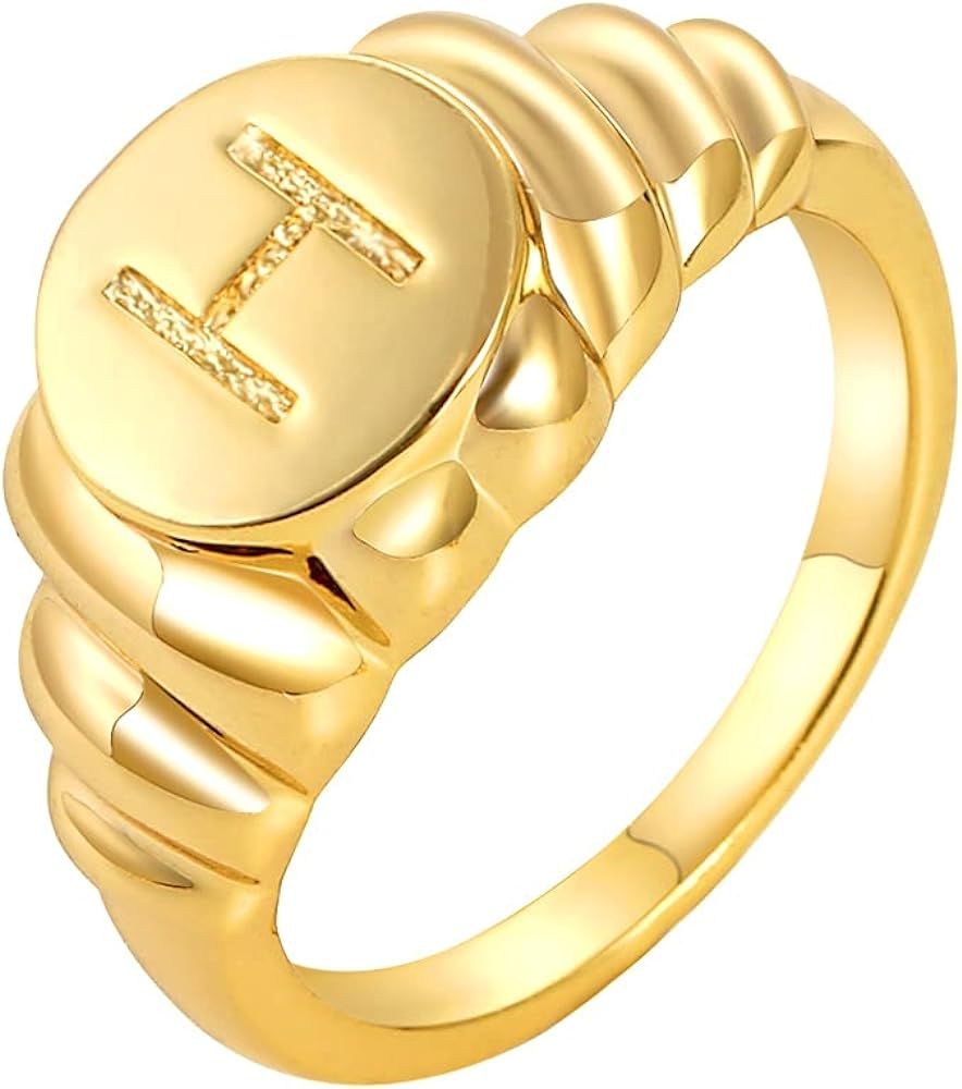 Initial Gold Ring for Women 14k Gold Plated Chunky Croissant Dome Trendy Signet Ring Alphabet Letter | Amazon (US)