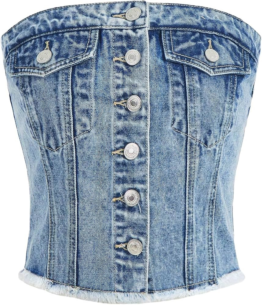 Verdusa Women's Button Front Raw Hem Sleeveless Denim Top Strapless Crop Tube Top | Amazon (US)