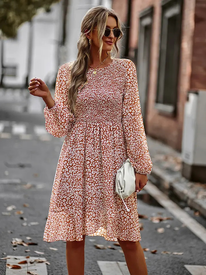 Printed Round Neck Long Sleeve Smocked Dress | Casual Chic Boutique