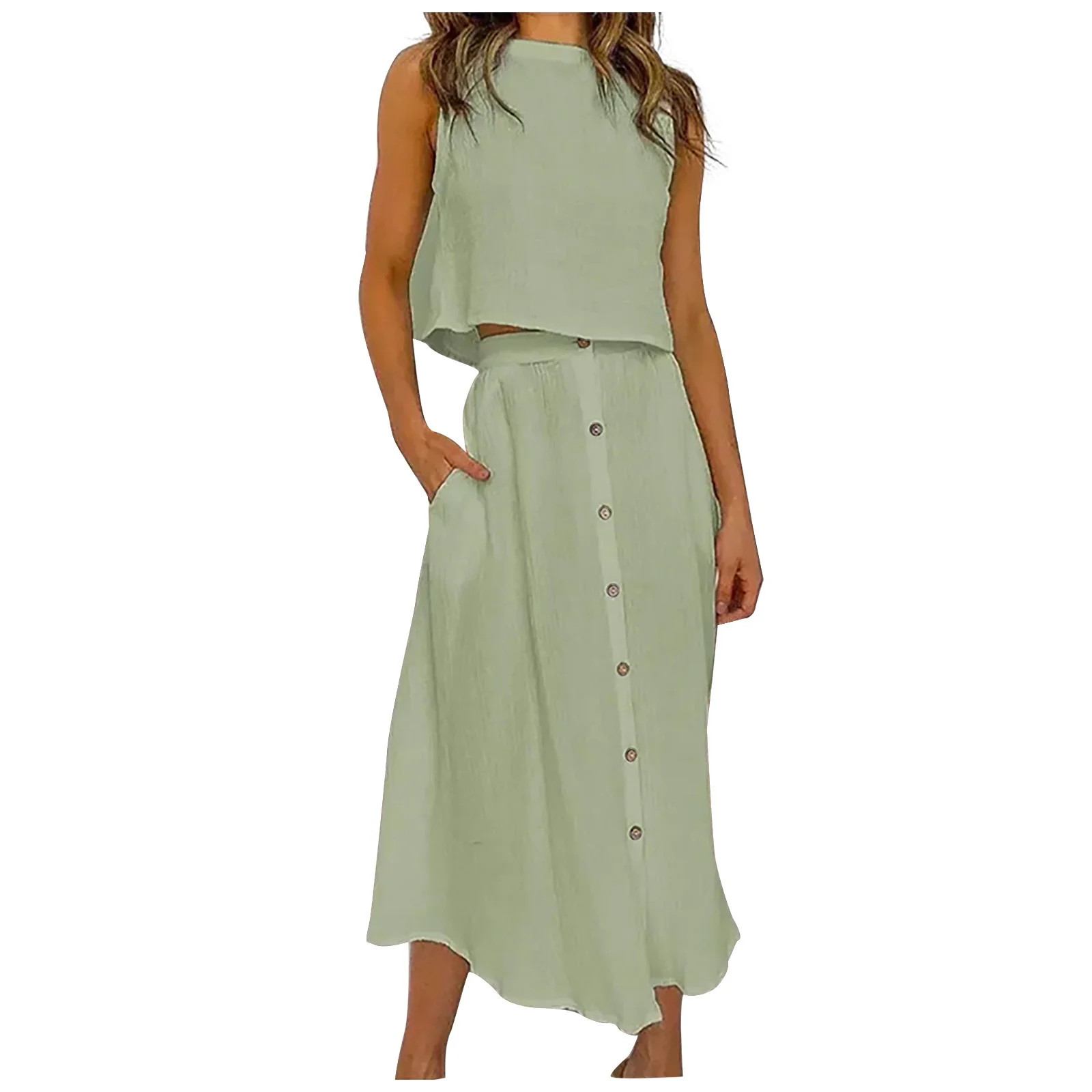 Womens 2 Piece Skirt Outfits Casual Crewneck Sleeveless Tops with High Waisted Button Long Skirts... | Walmart (US)