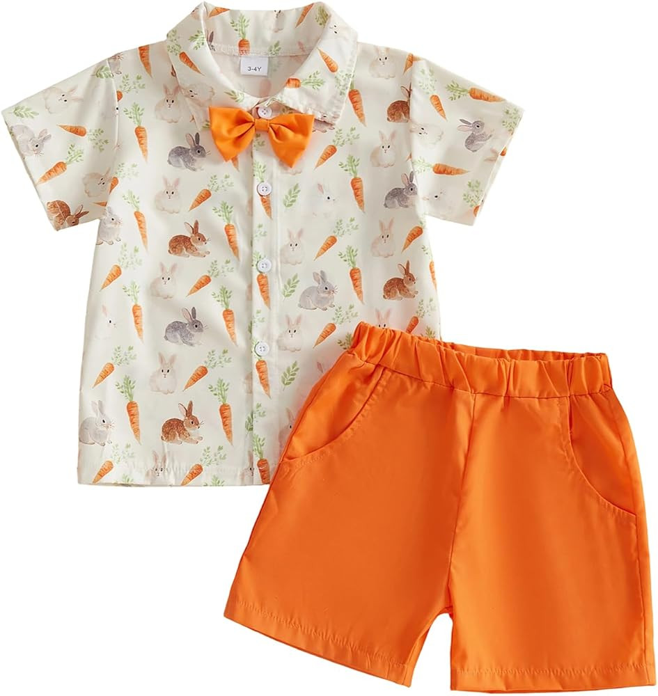 Toddler Boy Easter Outfits Bunny Carrot Print Short Sleeve Button Down Shirt and Elastic Waist Sh... | Amazon (US)