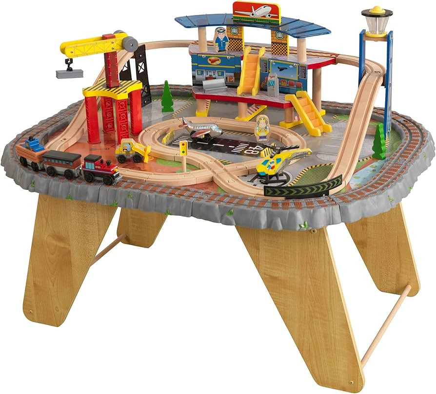 KidKraft Transportation Station Wooden Train Set and Table with Airport, Helicopter, 58 Pieces In... | Amazon (US)