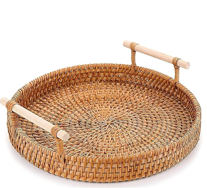 Round Rattan Tray 8.7Inch - Handwoven Wicker Tray with Strong Base, Cute Country Style Design, Ea... | Amazon (US)
