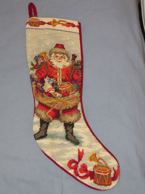 Vintage Needlepoint Christmas Stocking Santa Red Velvet Backing 28 in, NICE! | eBay US