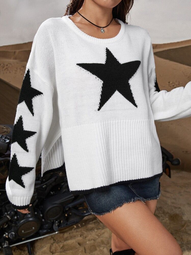 SHEIN Western Cowgirl Star Pattern Drop Shoulder Split Hem Sweater | SHEIN