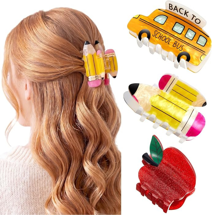 3 Pcs Back to School Gift Pencil School Bus and Apple Hair Claw Clips for Women Funny Teacher Cli... | Amazon (US)