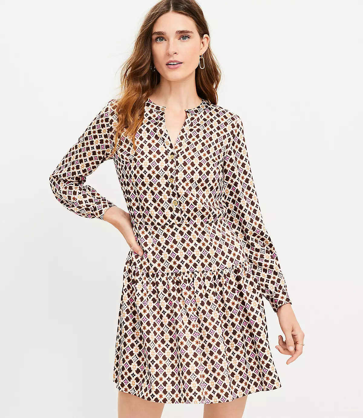 Geo Split Neck Flare Dress | LOFT