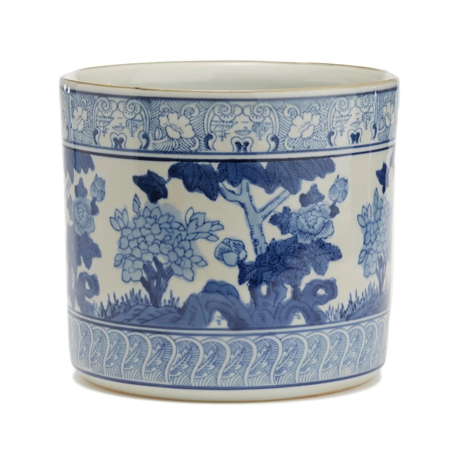 Blue and White Garden Scene Vase/Planter | Burke Decor