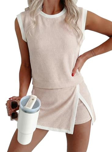 EVALESS 2 Piece Sets for Women Summer Outfits Ribbed Knit Tank Top and Split Lined Skirt Two Piec... | Amazon (US)