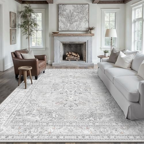 Grey 8x10 Area Rug Washable Vintage Carpet for Living Room Bedroom Large Soft Retro Floral Low Pi... | Amazon (US)